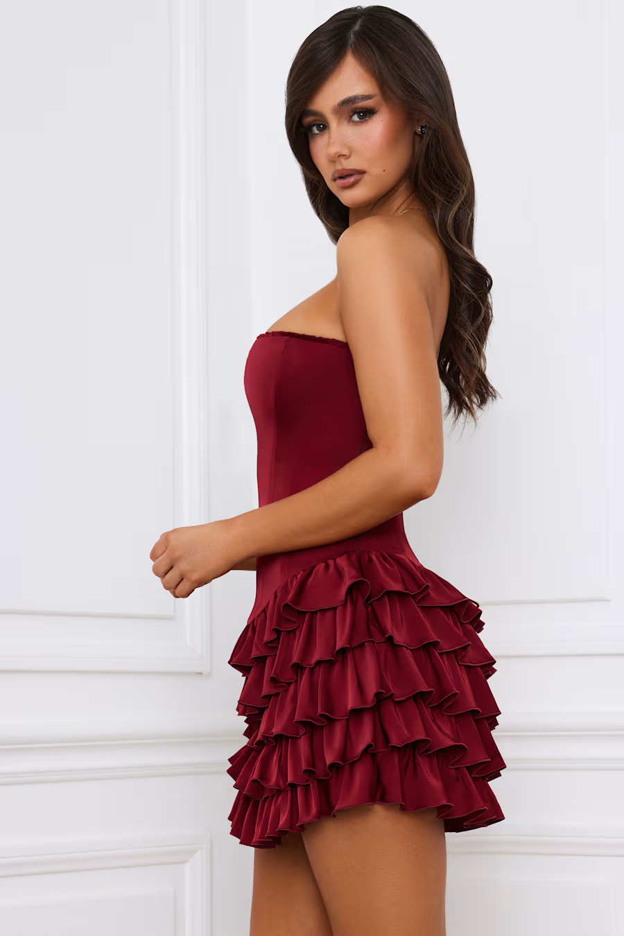 Cassidy Tiered Corset Mini Dress in BERRY RED