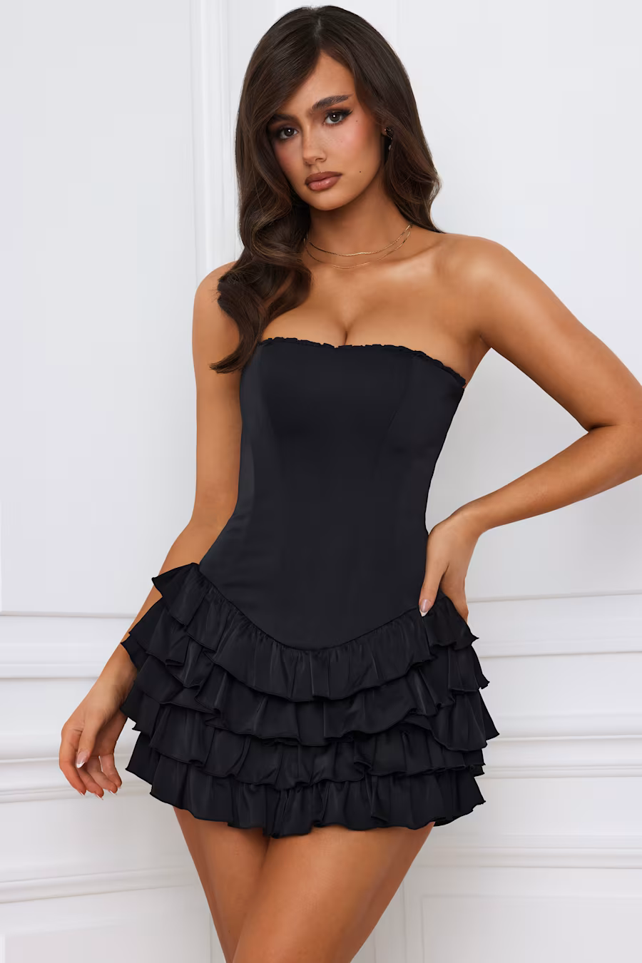 Cassidy Tiered Corset Mini Dress in BLACK