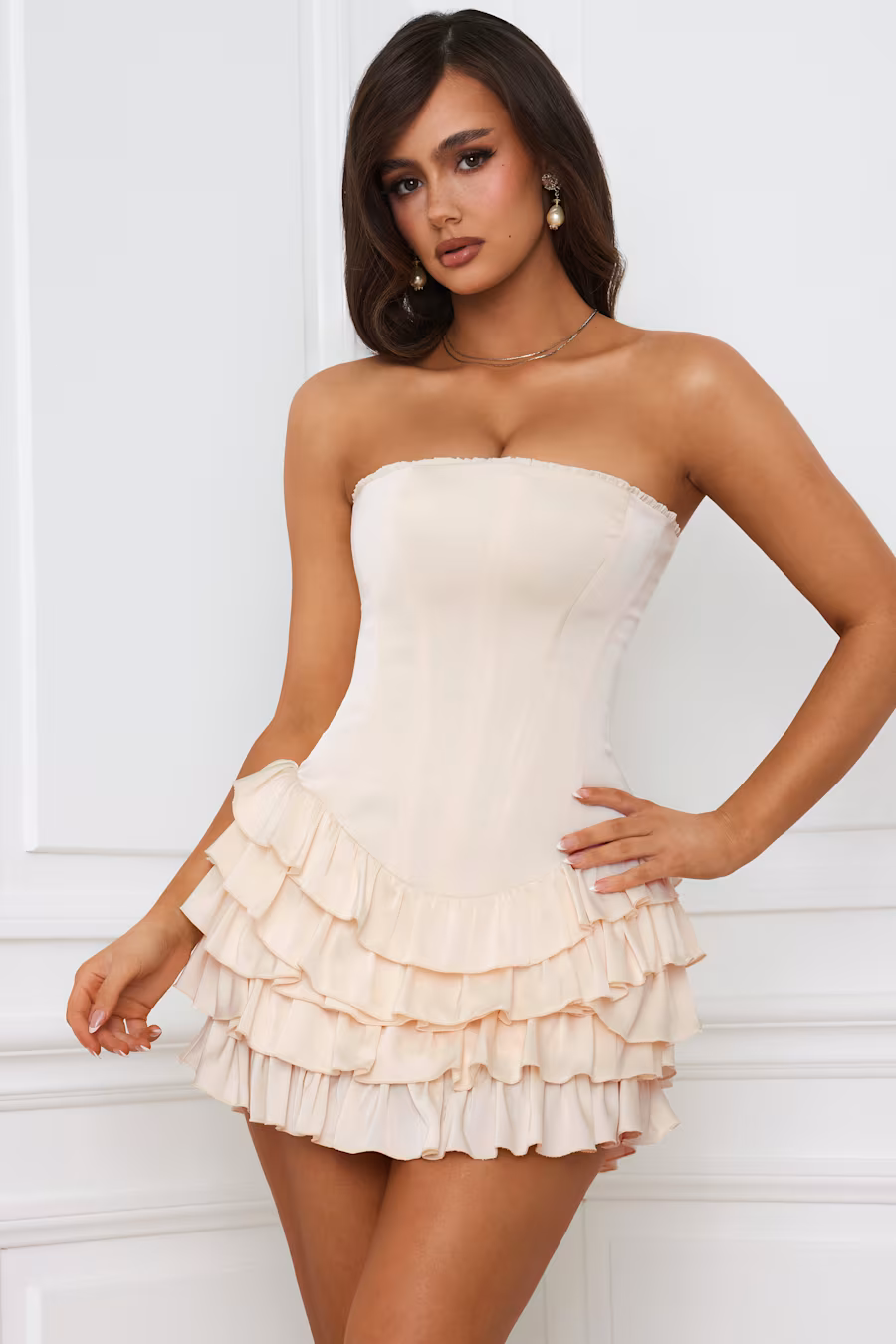 Cassidy Tiered Corset Mini Dress in IVORY