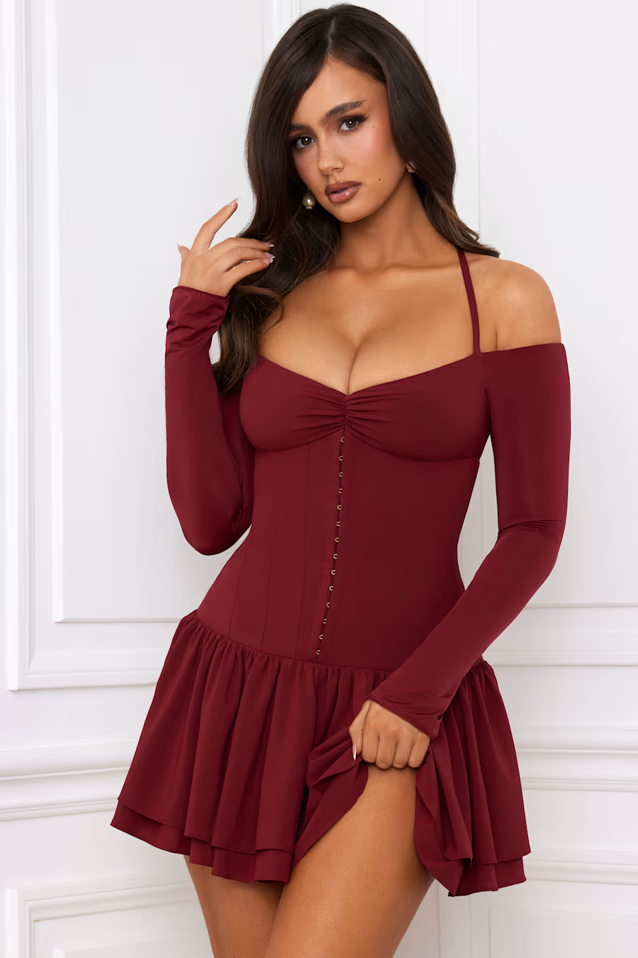 Hailey Off-Shoulder Corset Mini Dress in BERRY RED