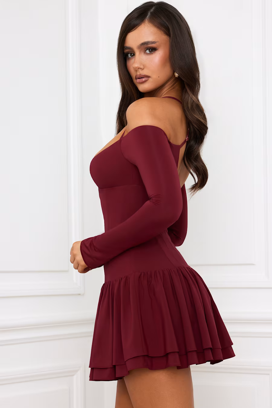 Hailey Off-Shoulder Corset Mini Dress in BERRY RED