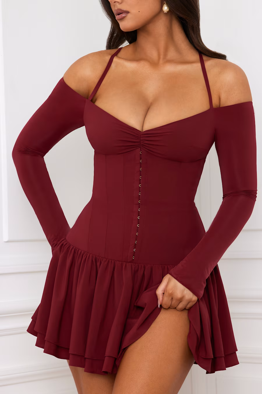 Hailey Off-Shoulder Corset Mini Dress in BERRY RED