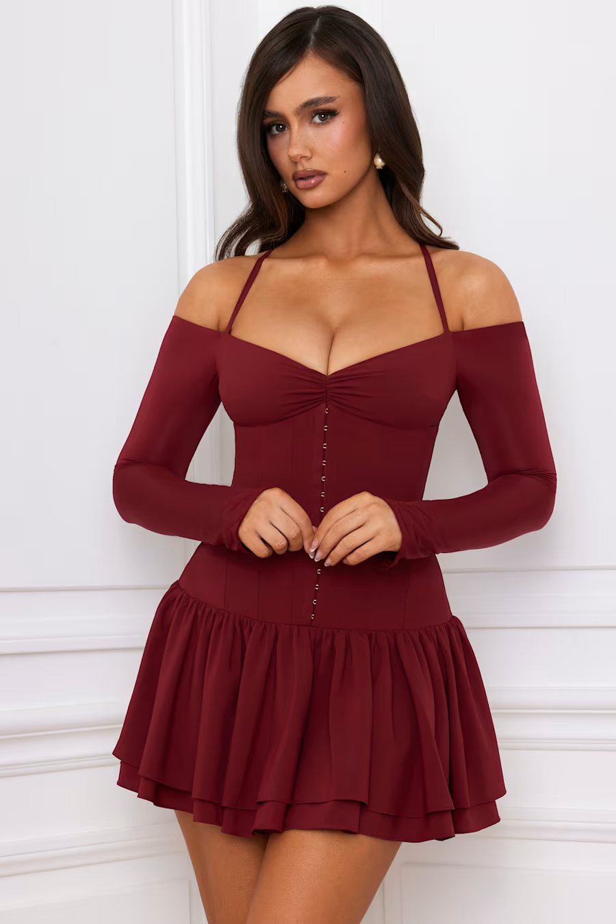 Hailey Off-Shoulder Corset Mini Dress in BERRY RED