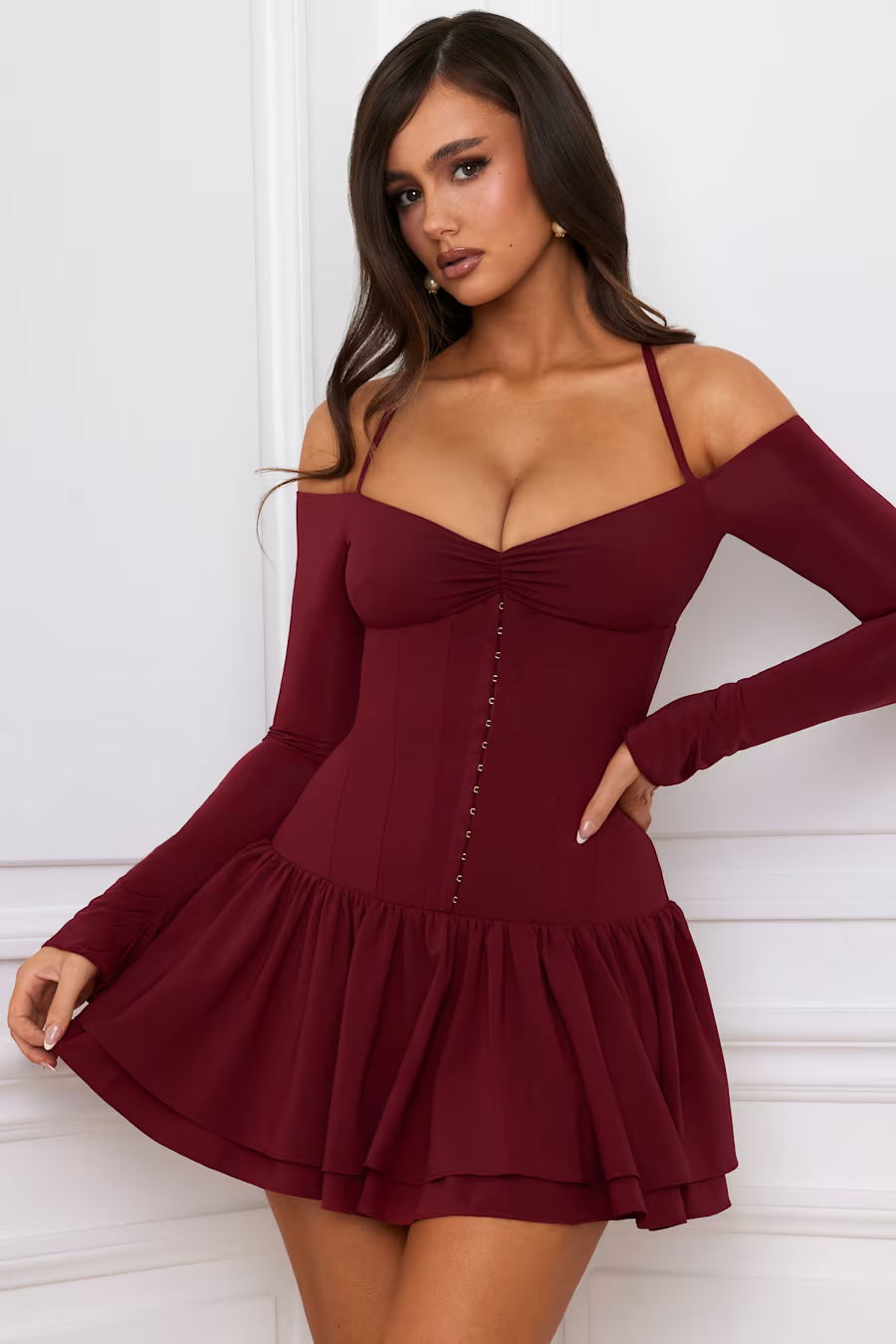 Hailey Off-Shoulder Corset Mini Dress in BERRY RED