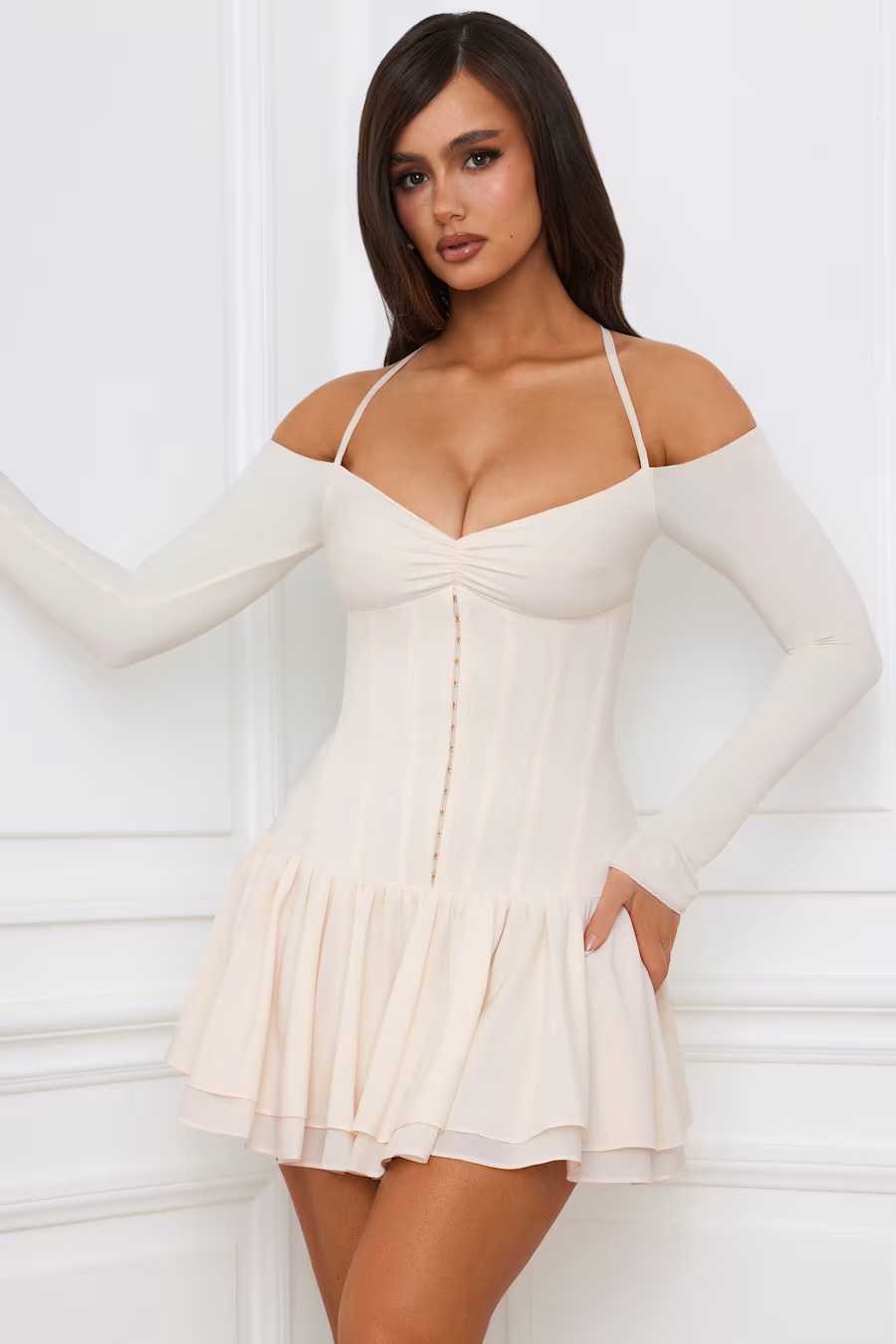 Hailey Off-Shoulder Corset Mini Dress in Ivory