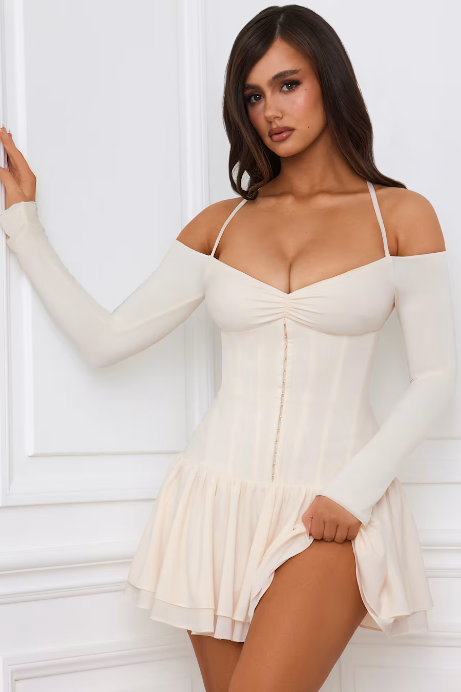 Hailey Off-Shoulder Corset Mini Dress in Ivory