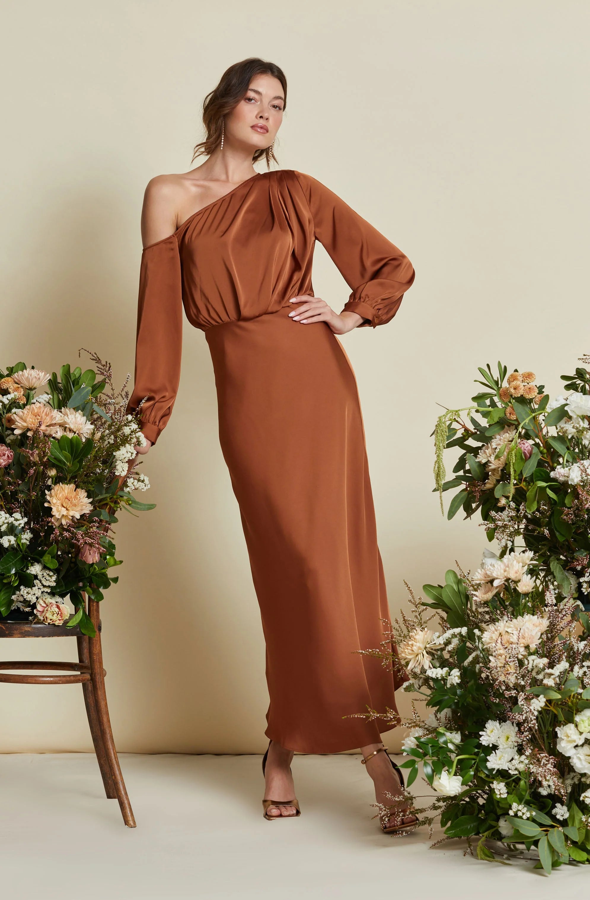 Eloise Satin Off Shoulder Dress COPPER