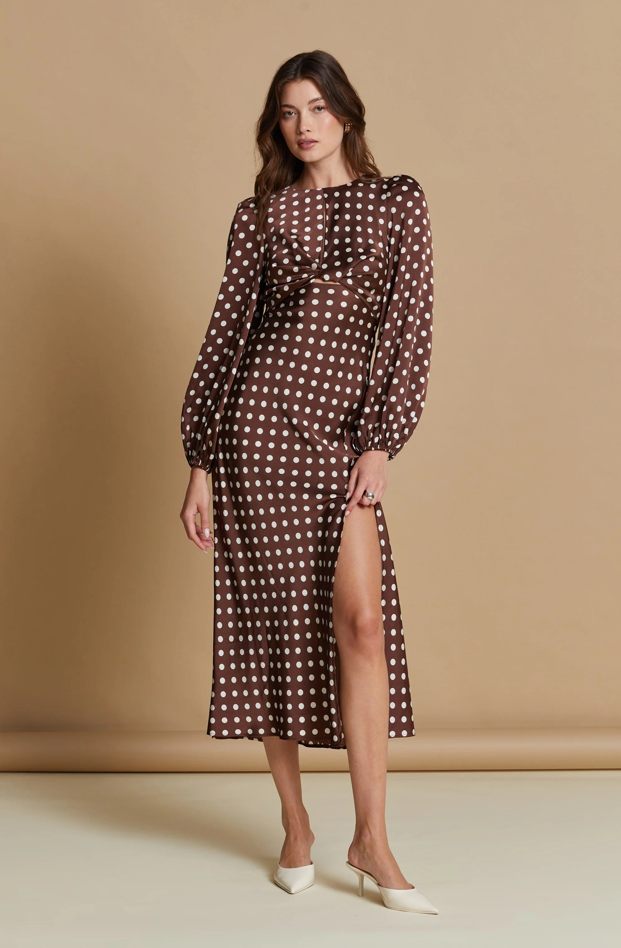 Liane Polka Dot Midi Dress BROWN