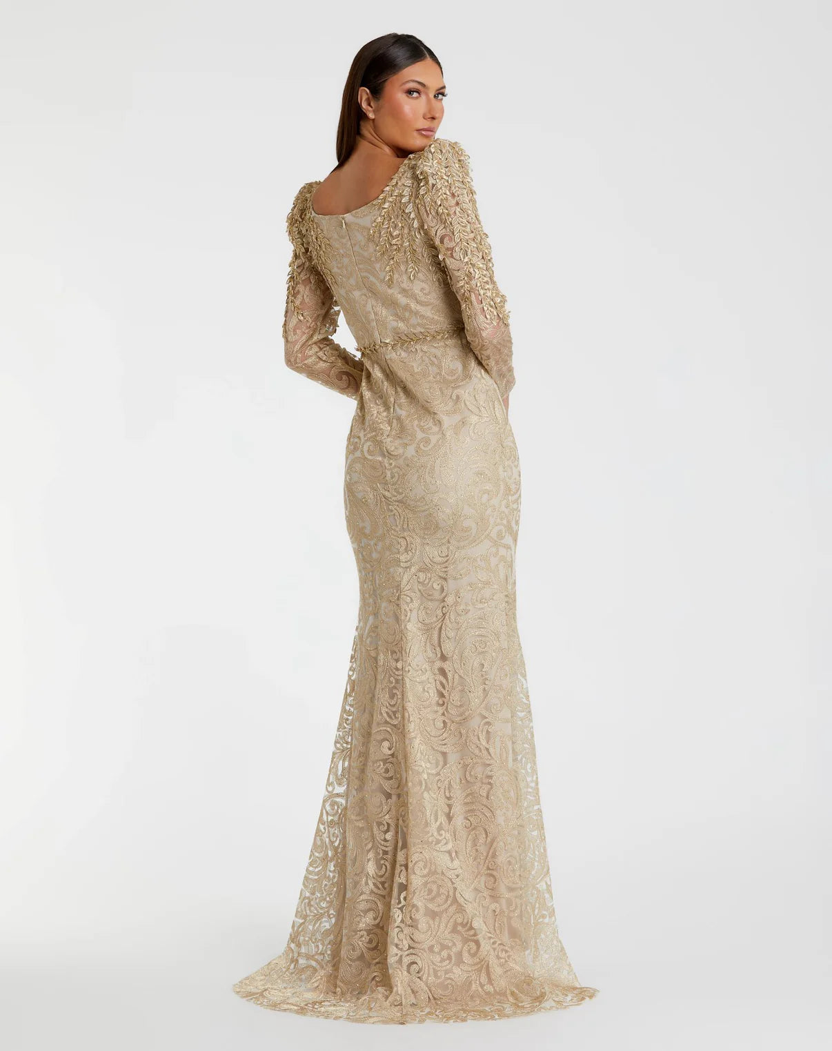 RADIANT GOLD TRUMPET GOWN WITH LACE SHOULDER APPLIQUÉ