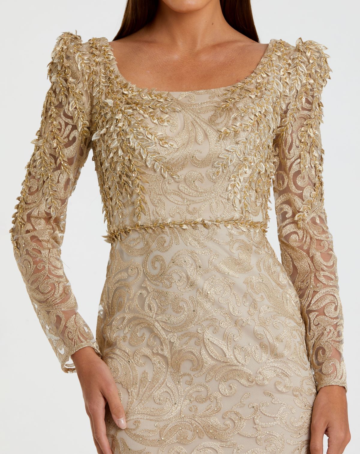 RADIANT GOLD TRUMPET GOWN WITH LACE SHOULDER APPLIQUÉ