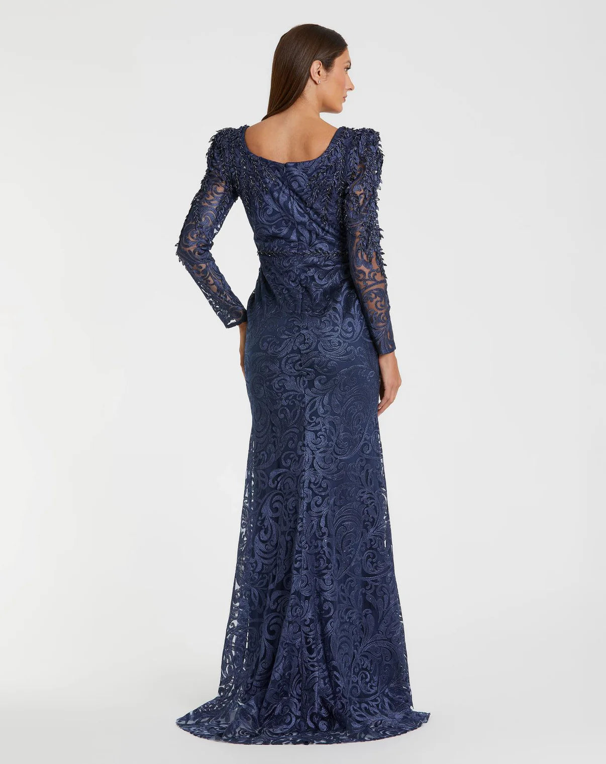 CERULEAN LACE APPLIQUÉ SHOULDER TRUMPET GOWN Blue