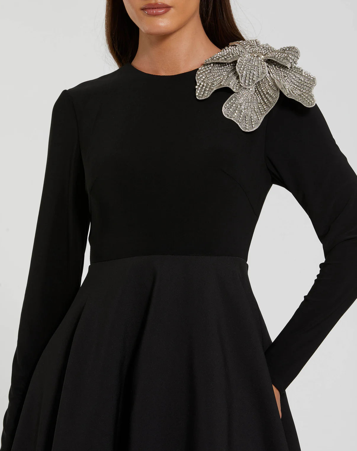 Long Sleeve Brocatelle Flower Ball Gown Black