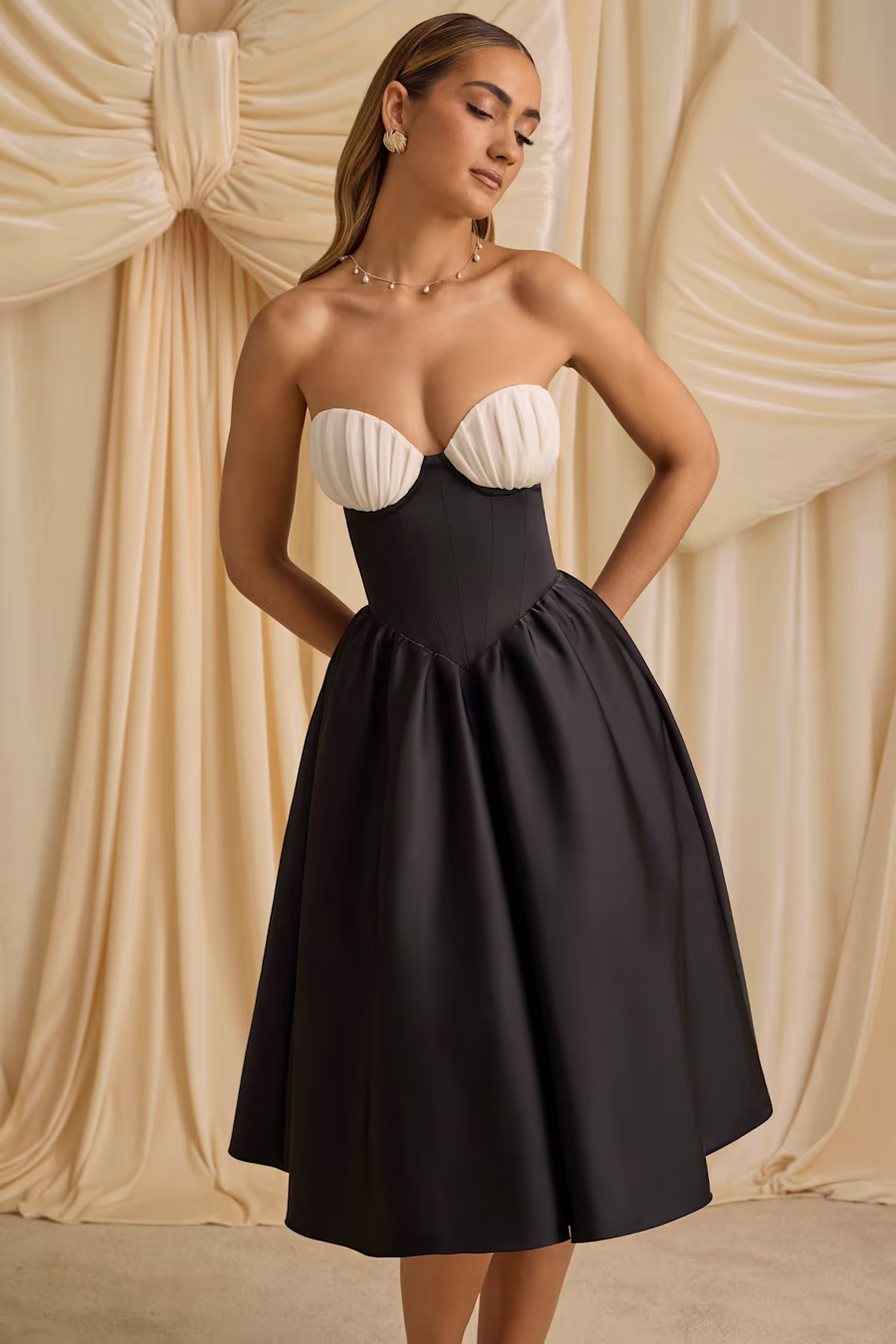 Paige Strapless Corset Midi Dress in BLACK