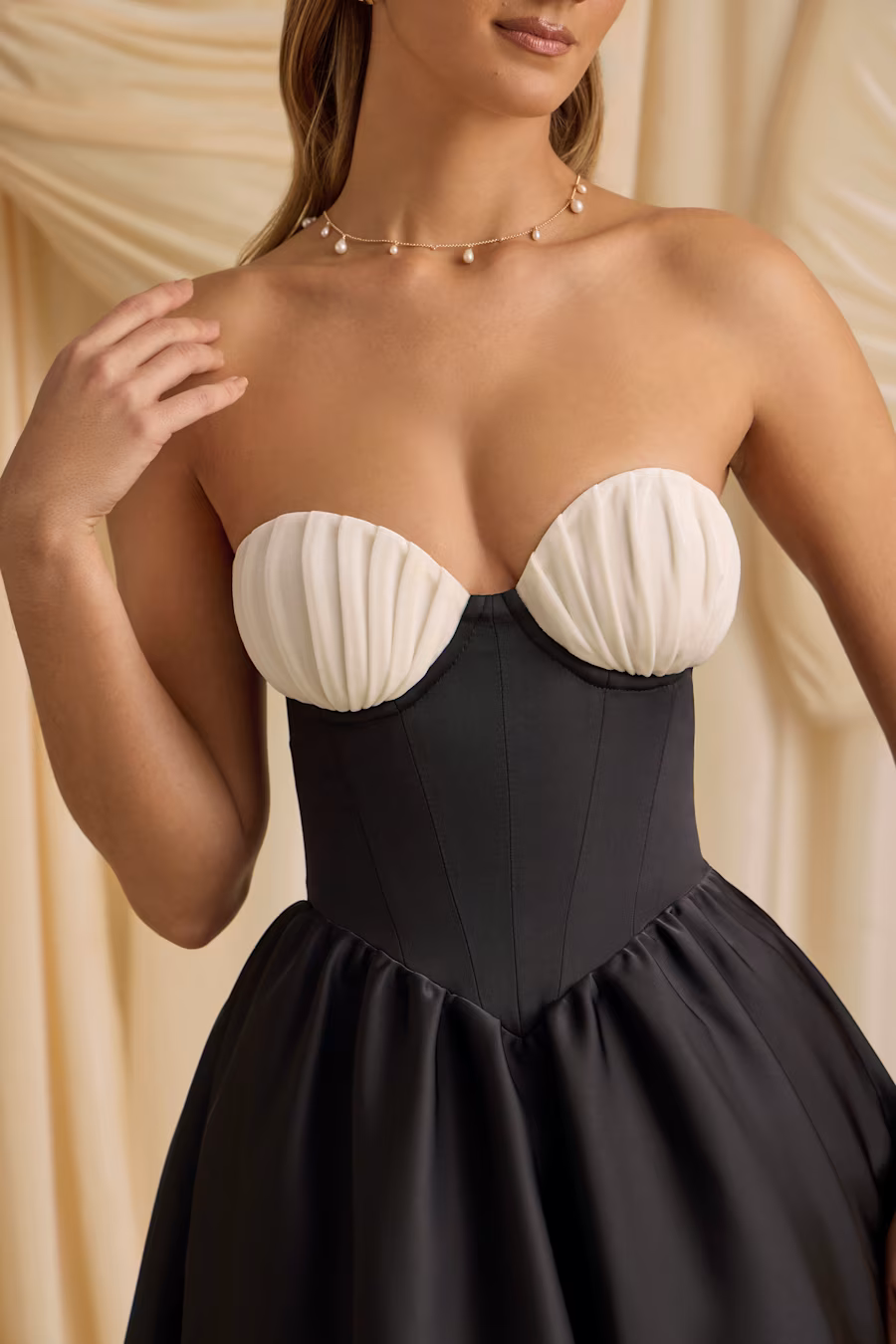 Paige Strapless Corset Midi Dress in BLACK