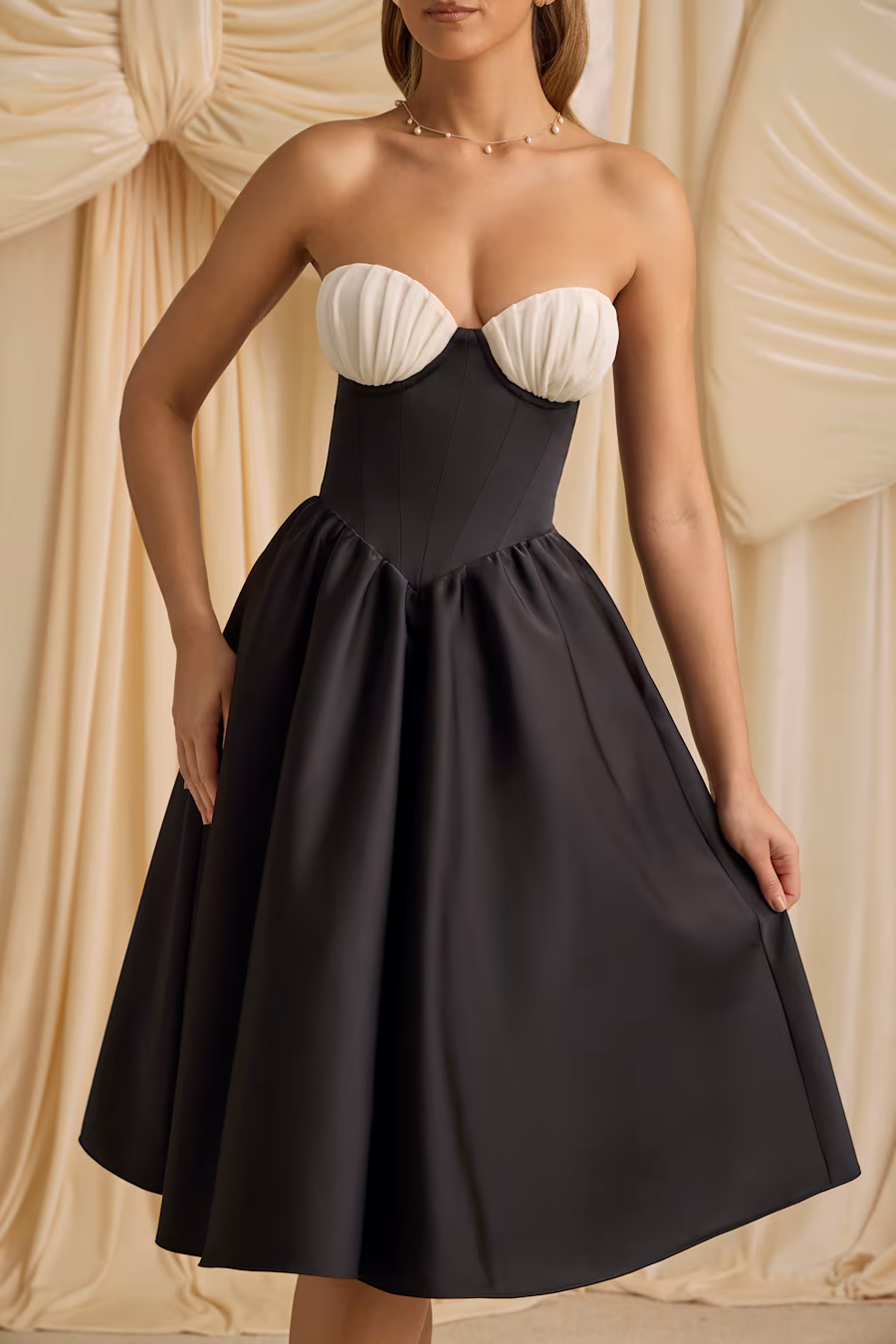 Paige Strapless Corset Midi Dress in BLACK