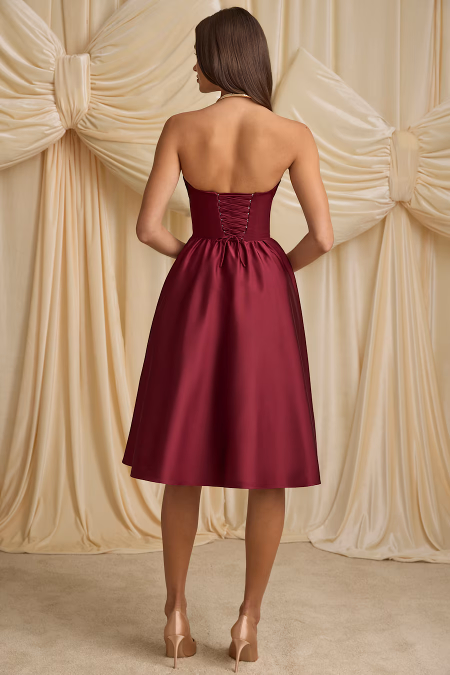 Paige Strapless Corset Midi Dress in WINE RED