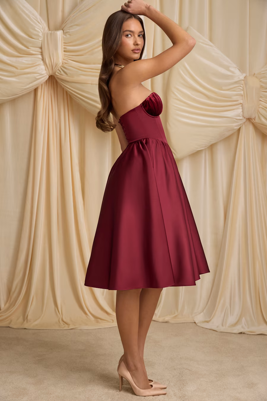 Paige Strapless Corset Midi Dress in WINE RED