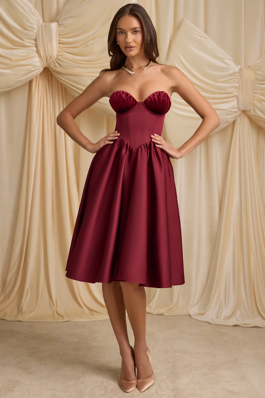 Paige Strapless Corset Midi Dress in WINE RED