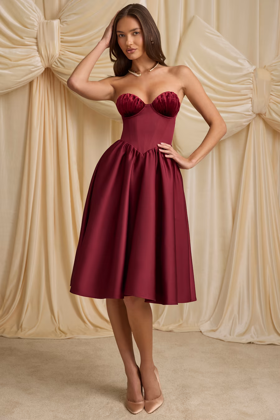 Paige Strapless Corset Midi Dress in WINE RED