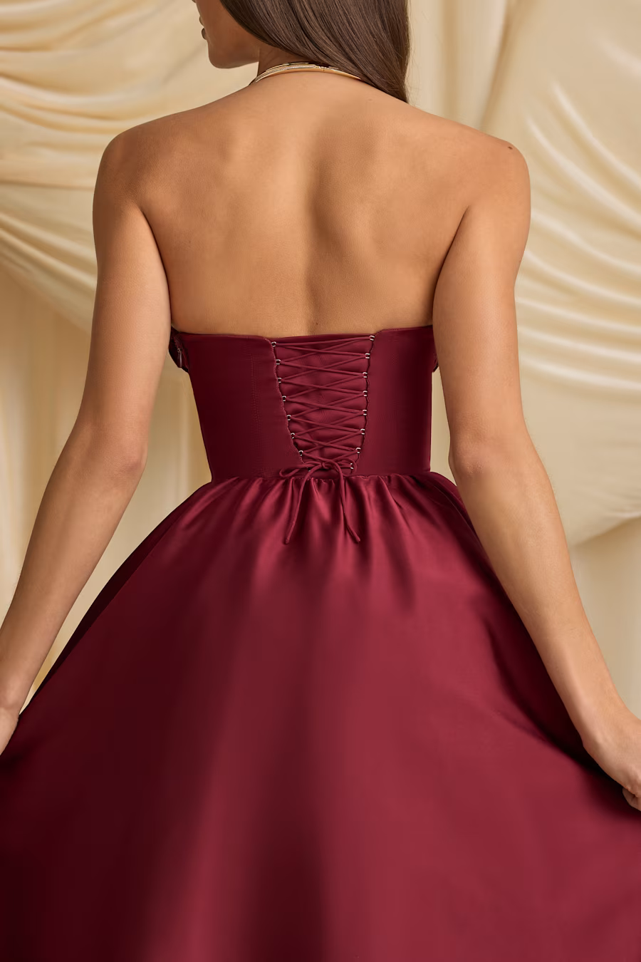 Paige Strapless Corset Midi Dress in WINE RED