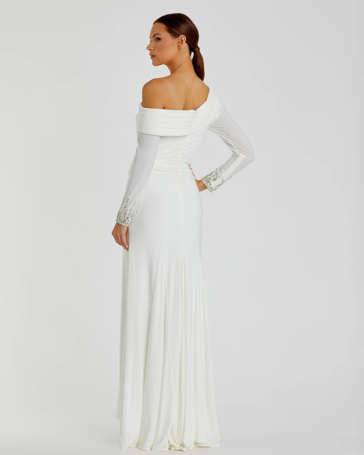 Crystalized Cuff Drop Shoulder Faux Wrap Gown White