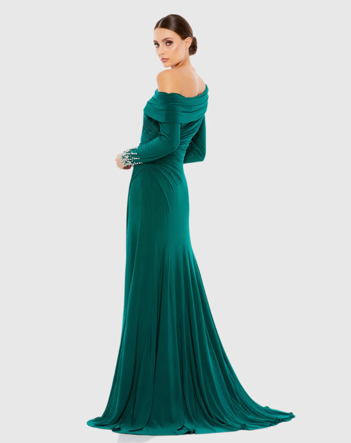 Crystalized Cuff Drop Shoulder Faux Wrap Gown Emerald Green