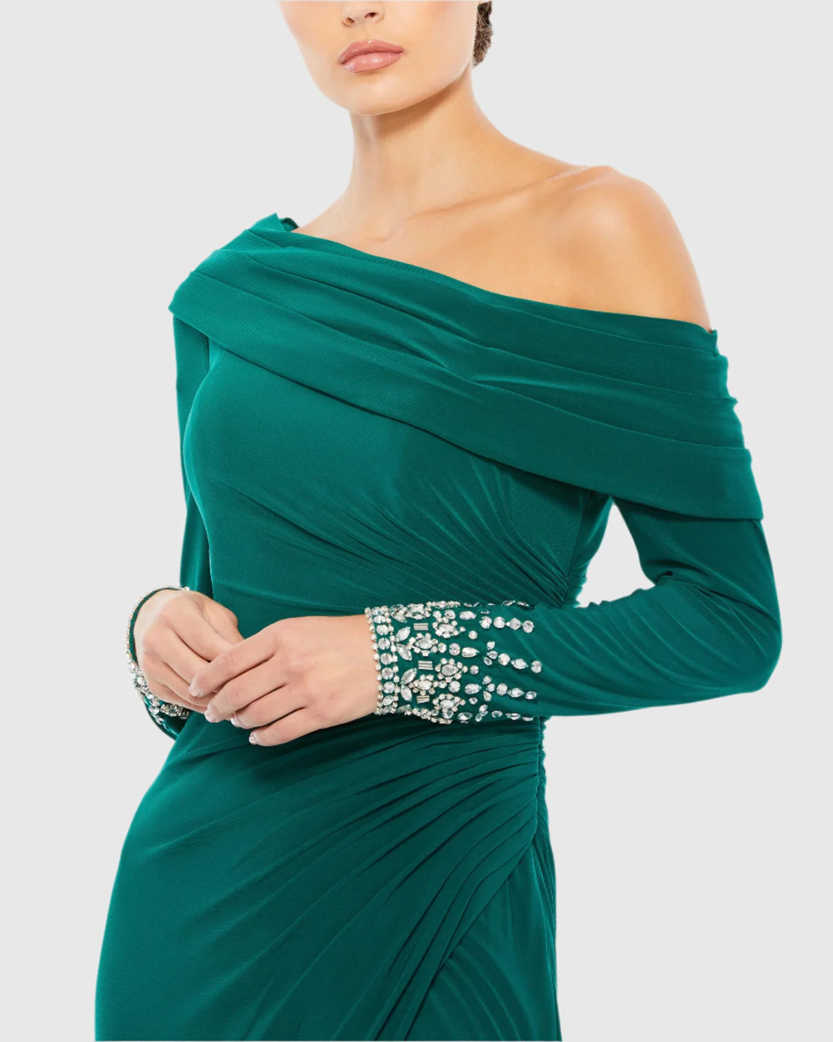 Crystalized Cuff Drop Shoulder Faux Wrap Gown Emerald Green