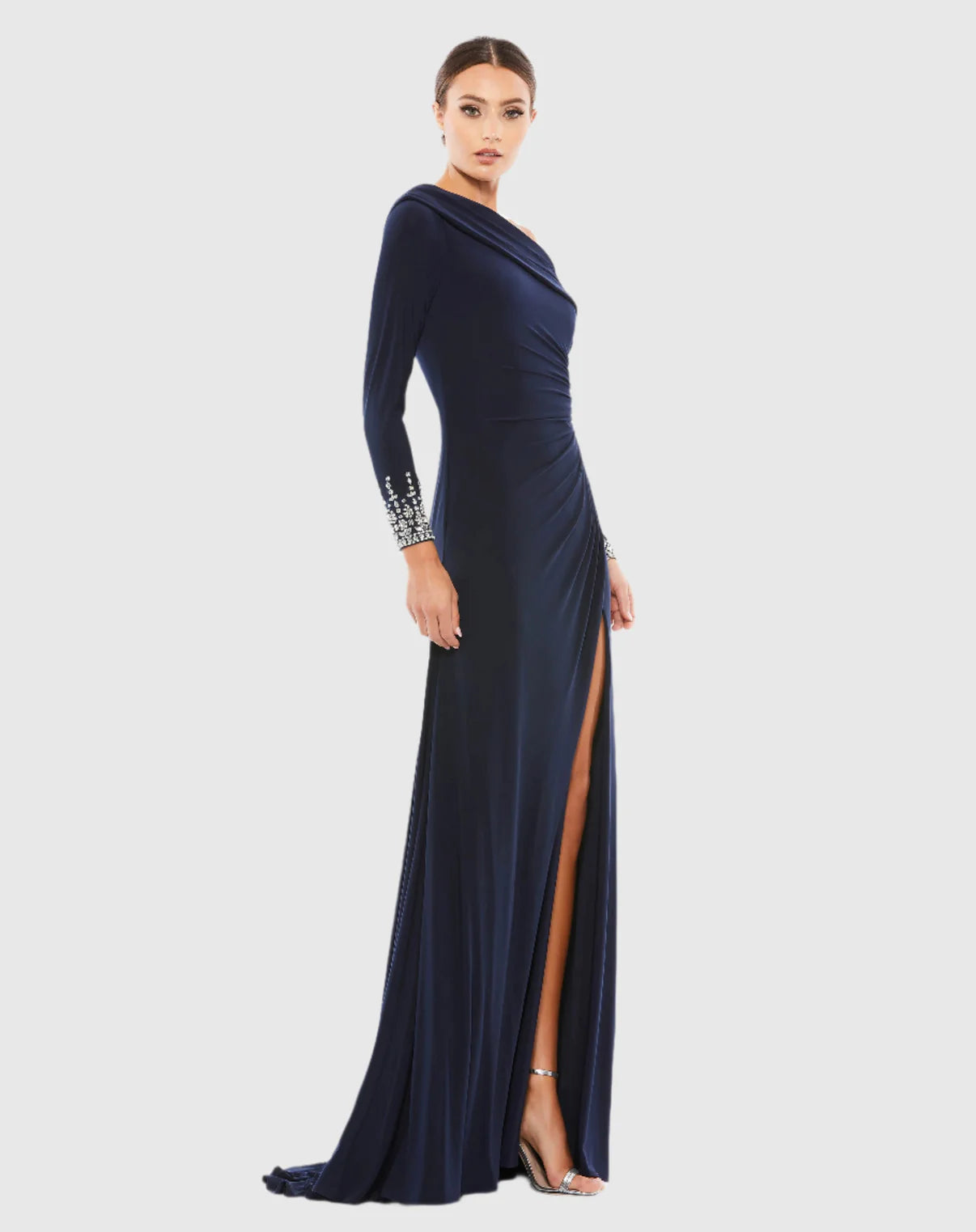 Crystalized Cuff Drop Shoulder Faux Wrap Gown Navy