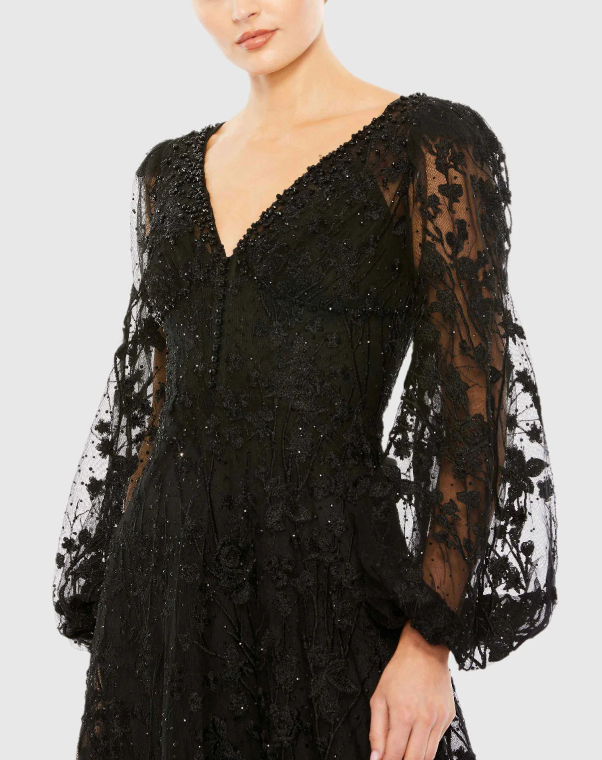 MIDNIGHT BLOOM PUFF-SLEEVE EMBROIDERED GOWN