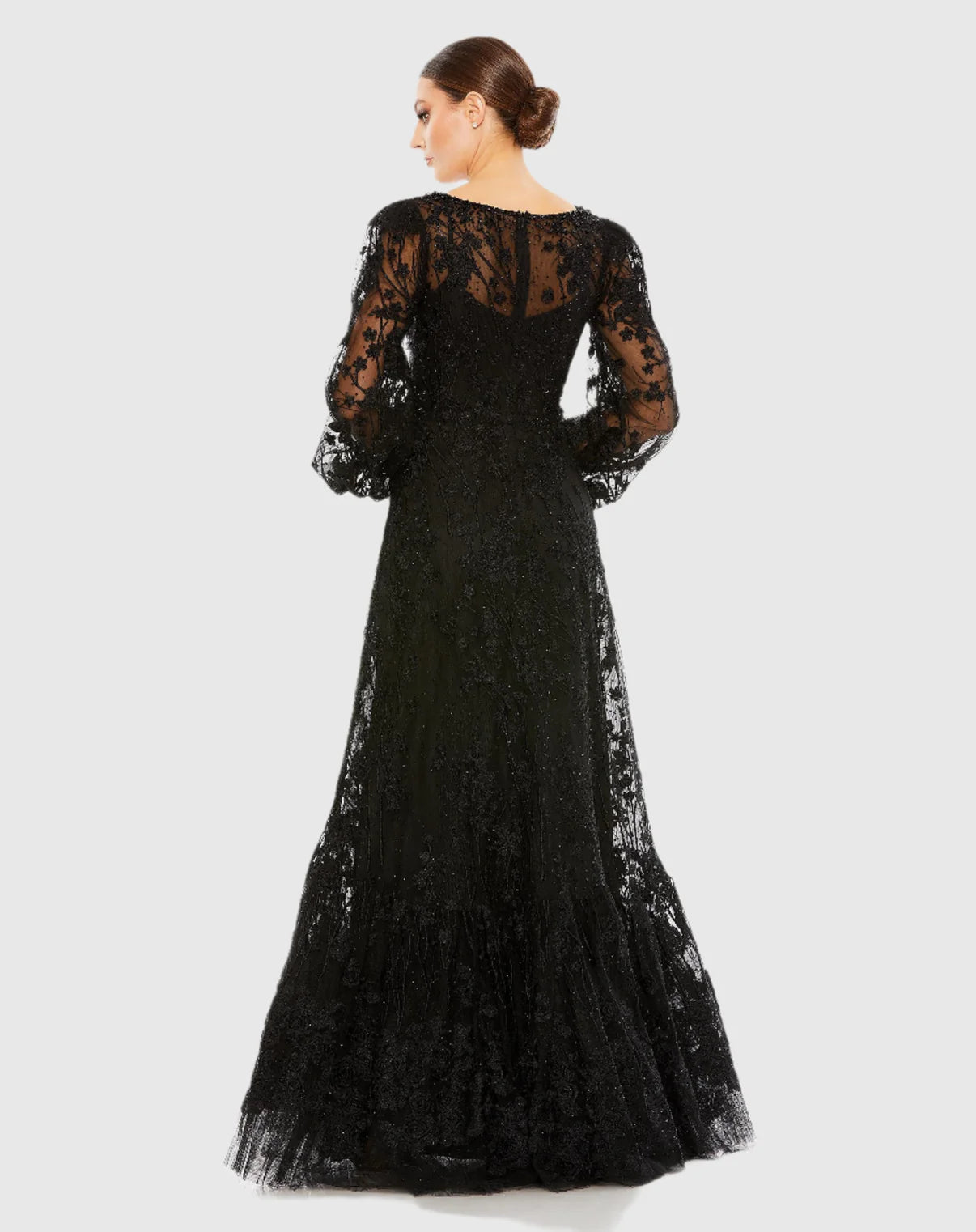 MIDNIGHT BLOOM PUFF-SLEEVE EMBROIDERED GOWN