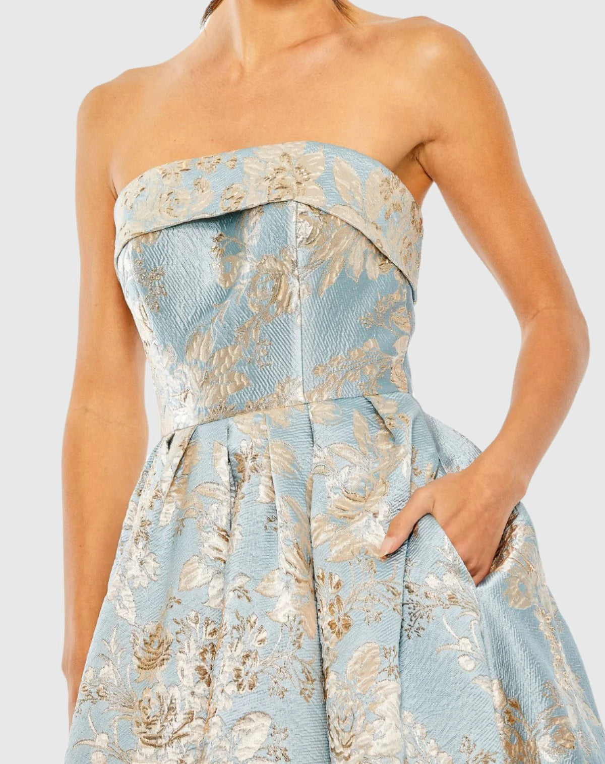 Strapless Damask Midi Dress with Pockets Blue