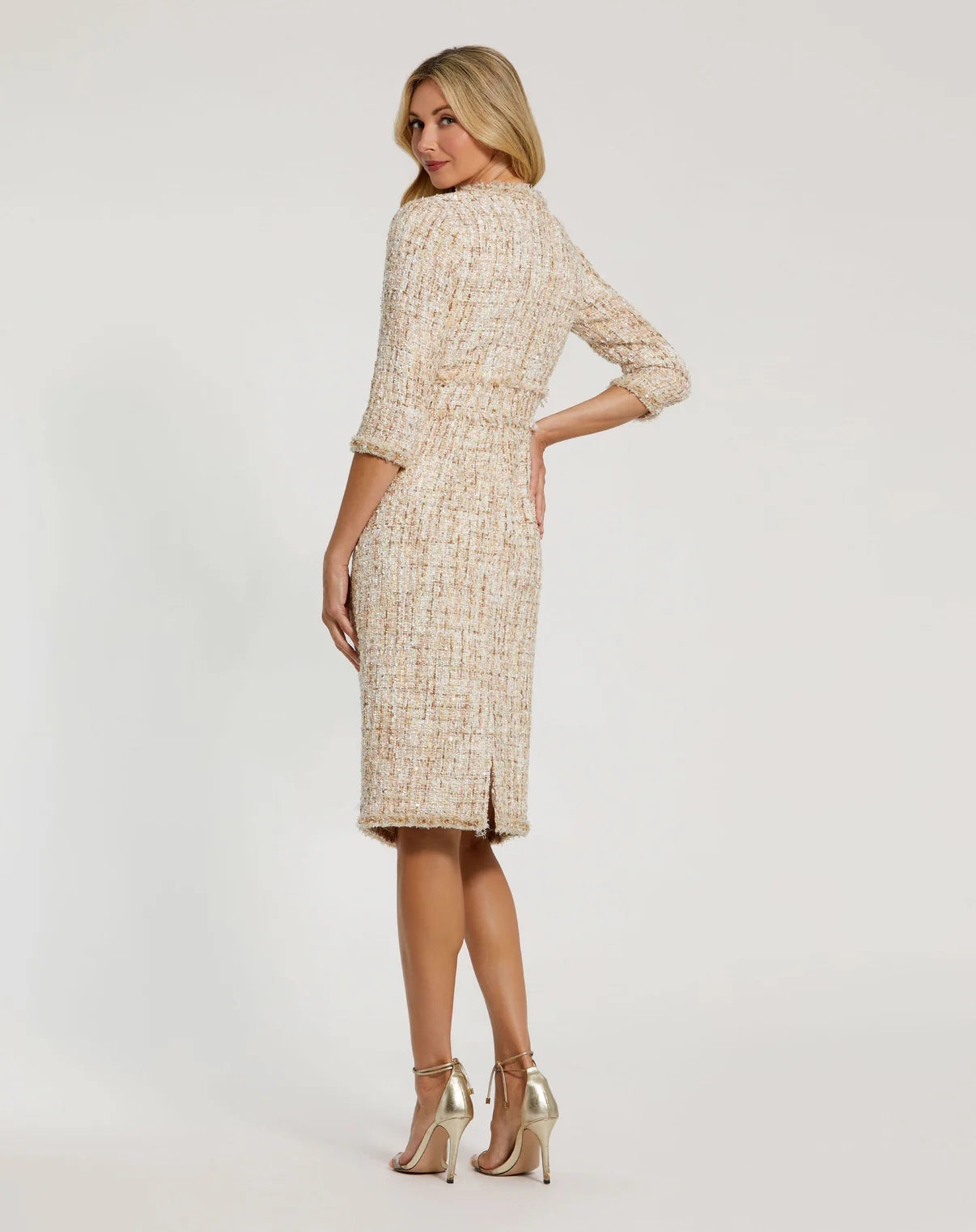 Livia Sleeve Pleated Trim Patch Pocket Tweed Midi Dress Beige