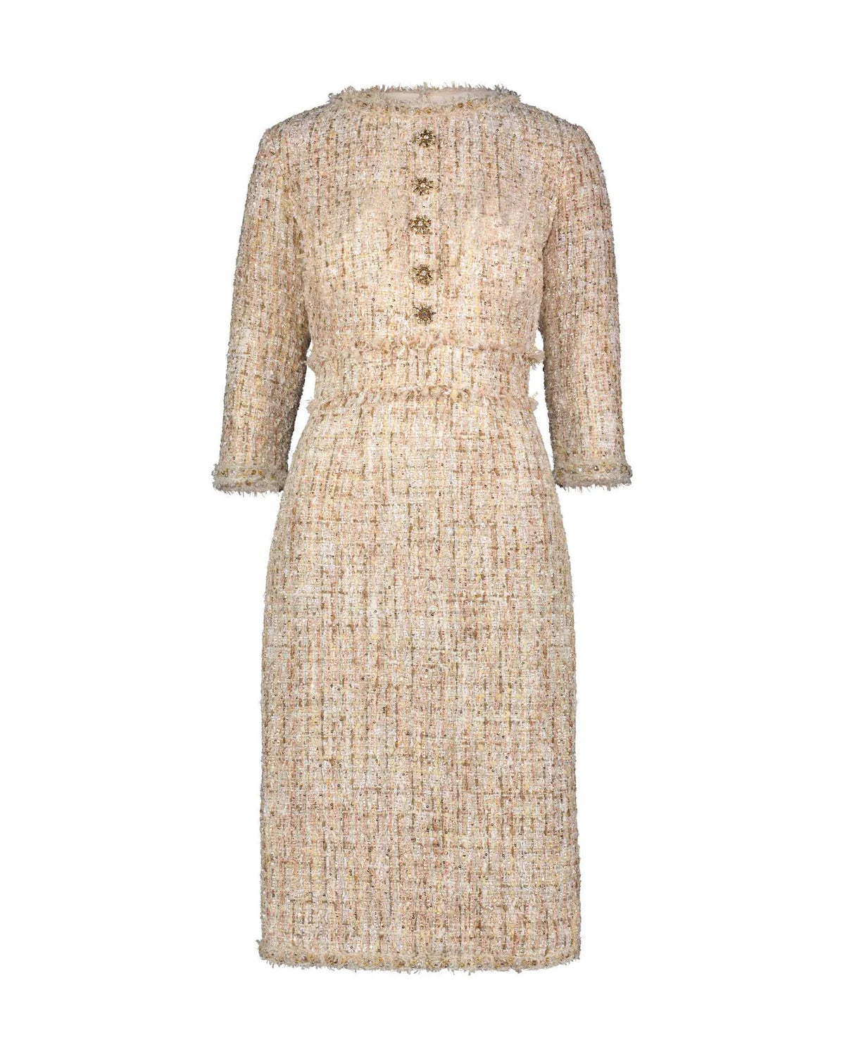 Livia Sleeve Pleated Trim Patch Pocket Tweed Midi Dress Beige