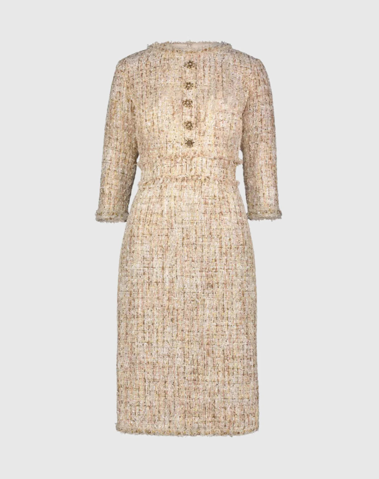 Livia Sleeve Pleated Trim Patch Pocket Tweed Midi Dress Beige