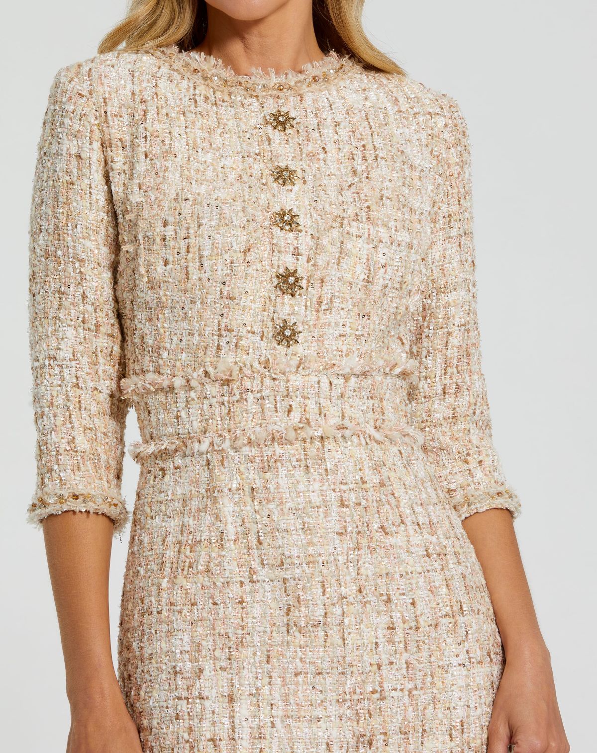 Livia Sleeve Pleated Trim Patch Pocket Tweed Midi Dress Beige