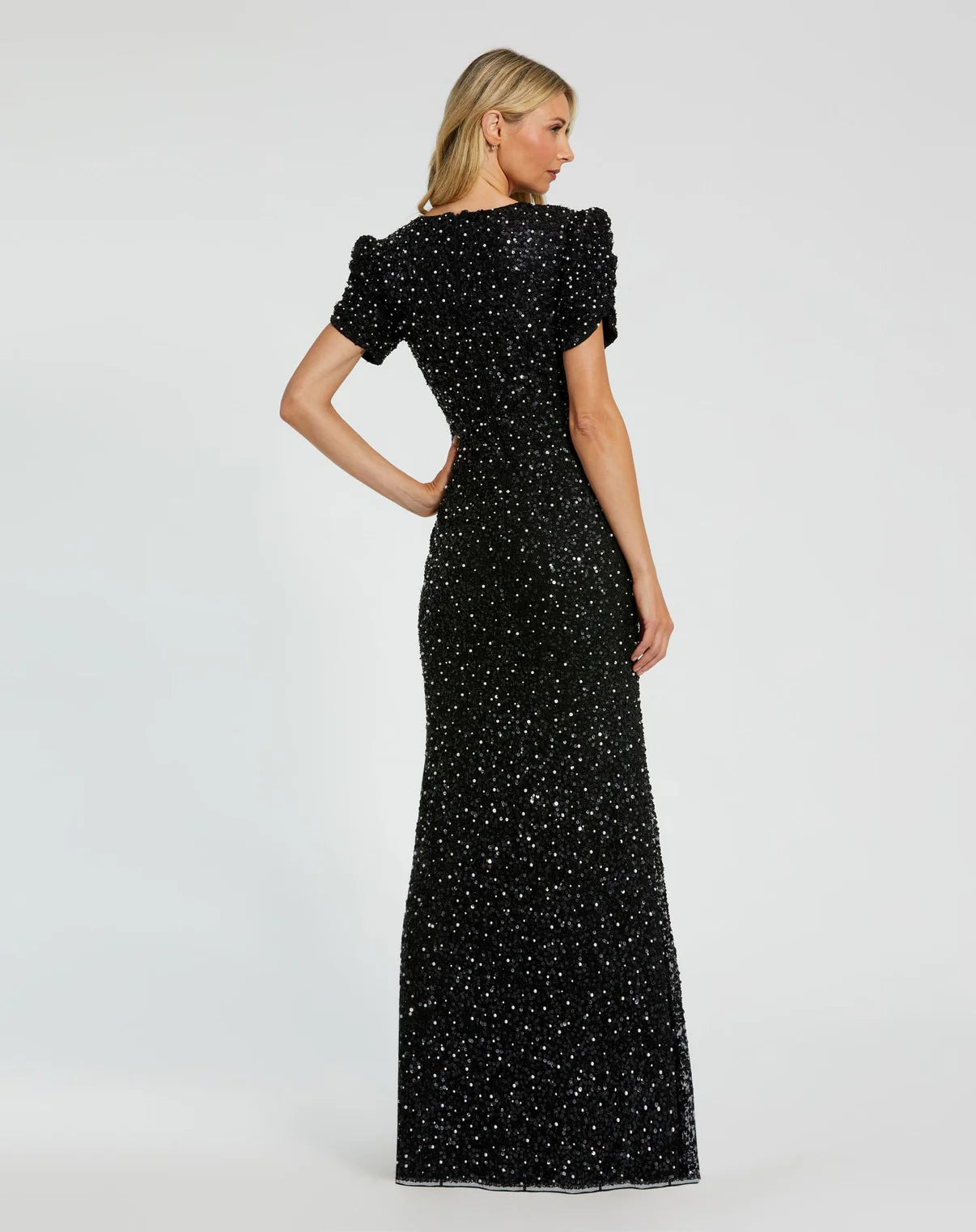 Black Pleated Short Sleeve Crystalized Gown