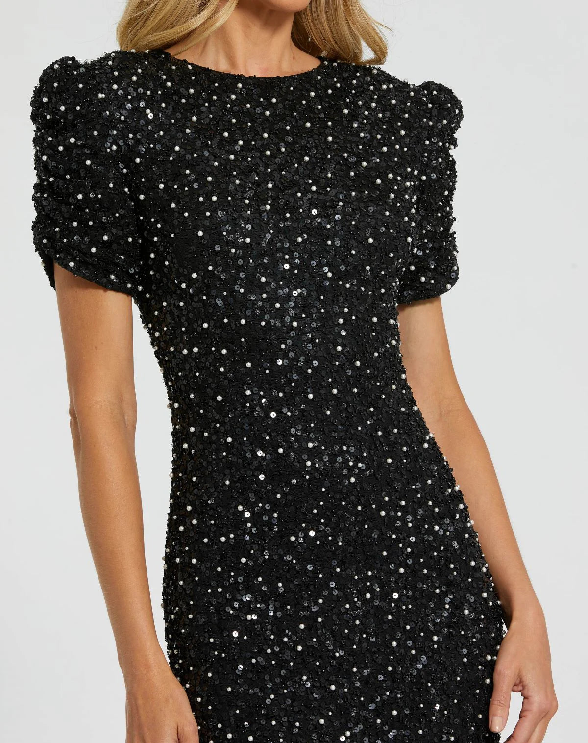 Black Pleated Short Sleeve Crystalized Gown