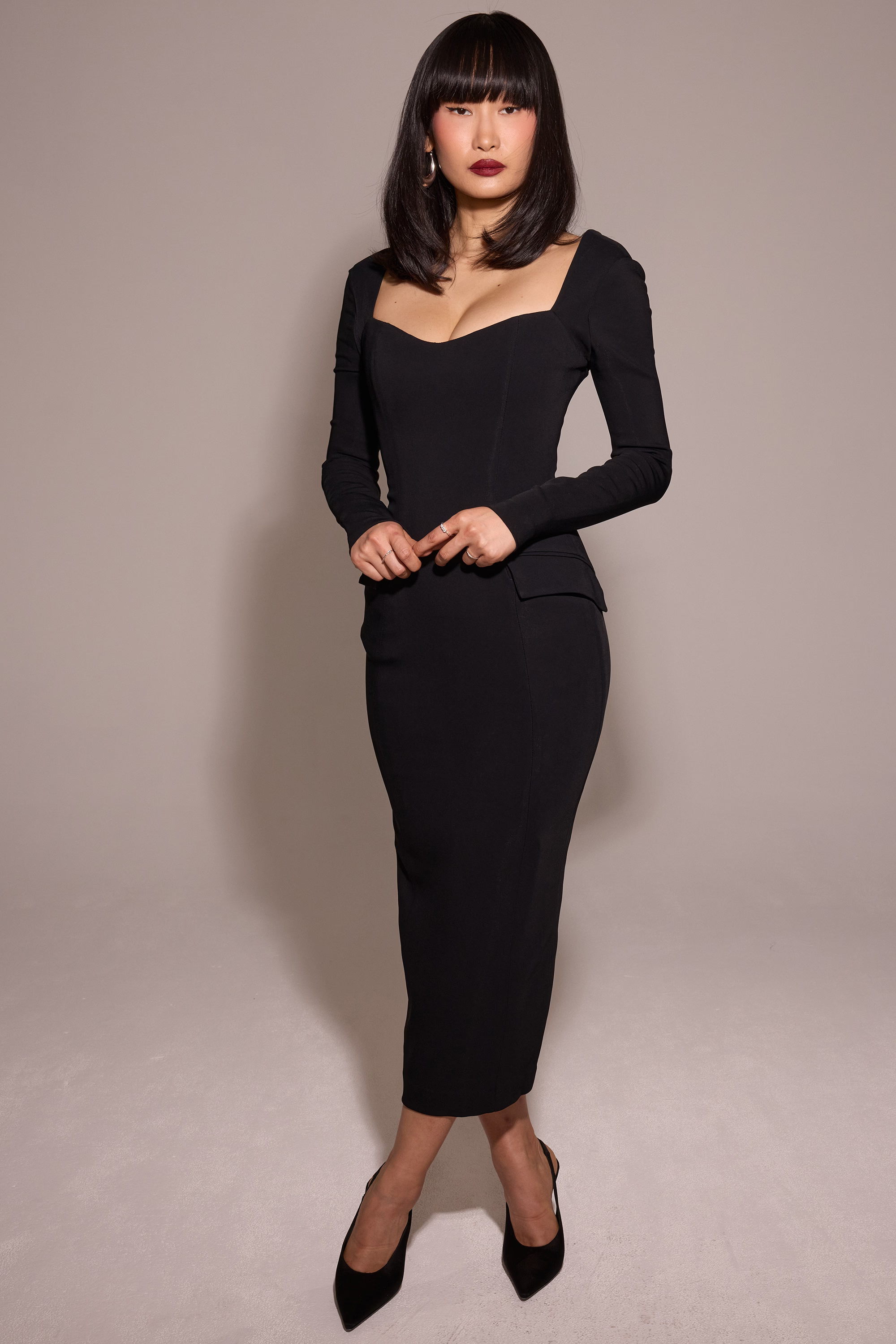 VALERIE Black Crepe Long Sleeve Midi Dress