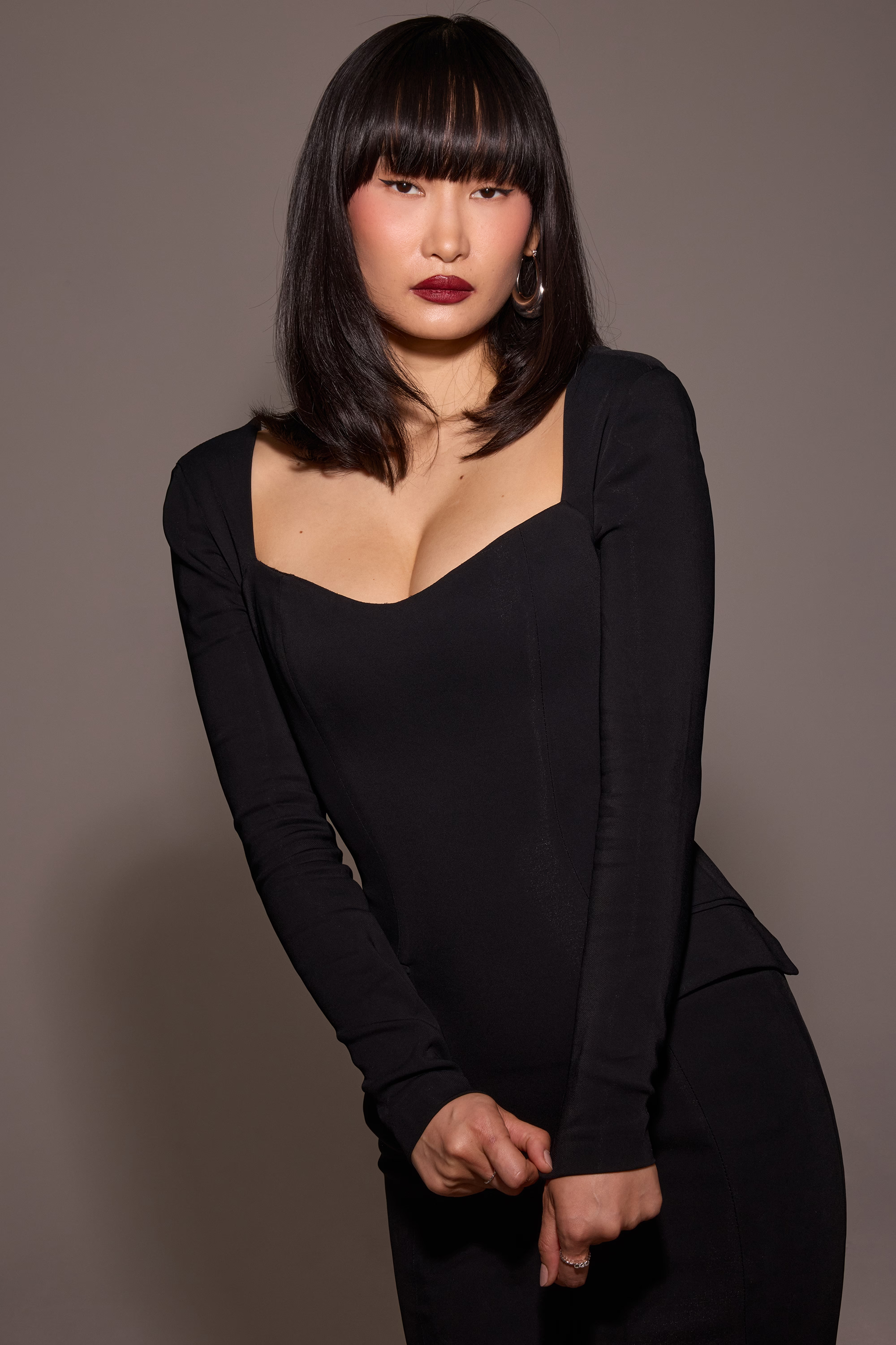 VALERIE Black Crepe Long Sleeve Midi Dress