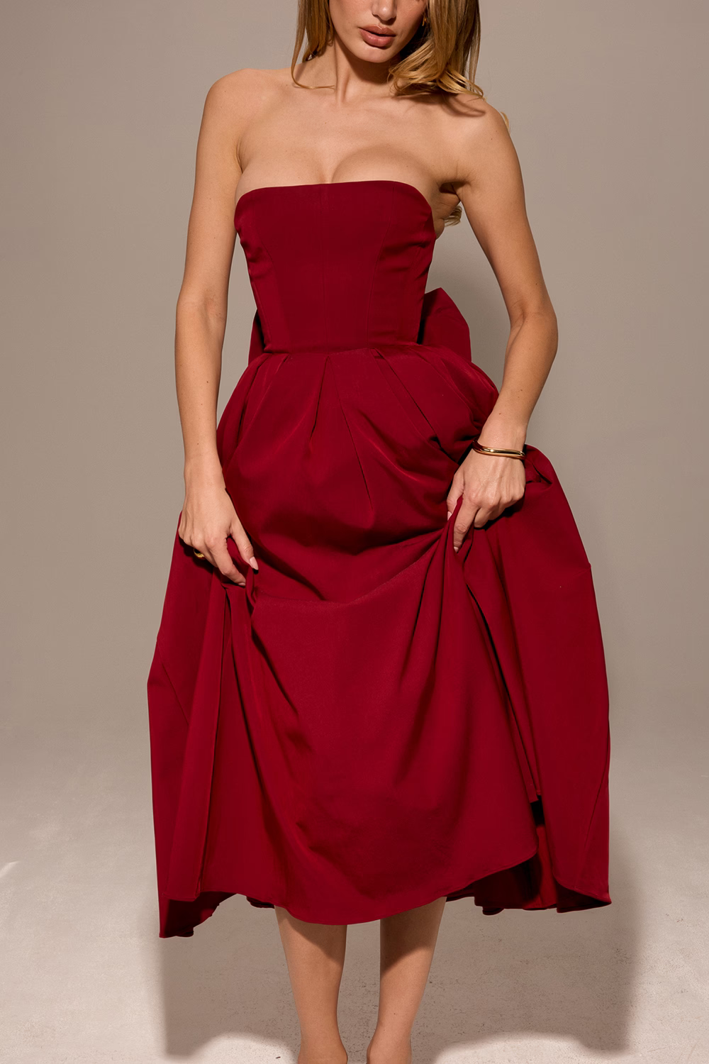 DOMINIQUE Berry Strapless Detachable Bow Midi Dress