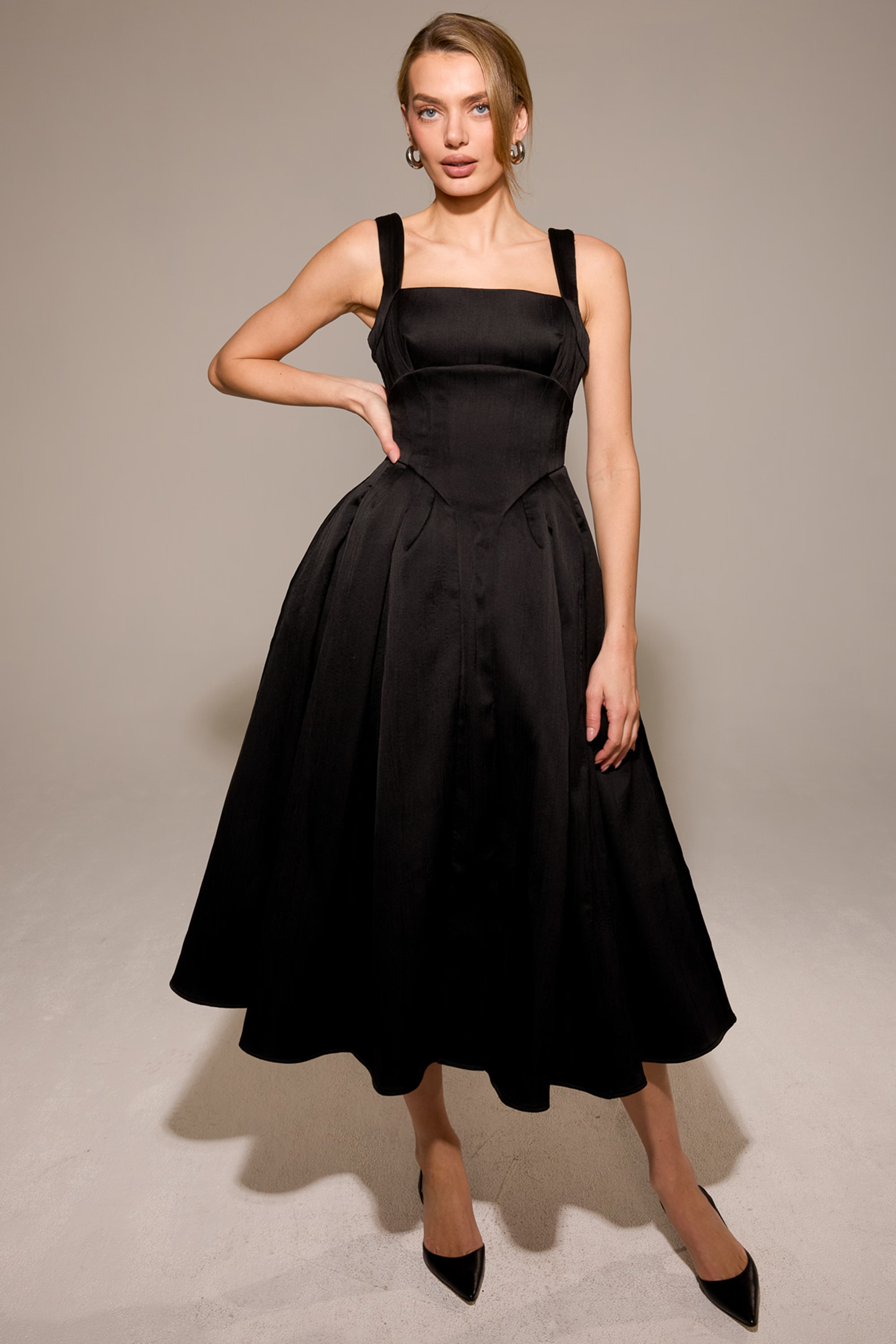 THERESE Black Textured Corset Midi Dress