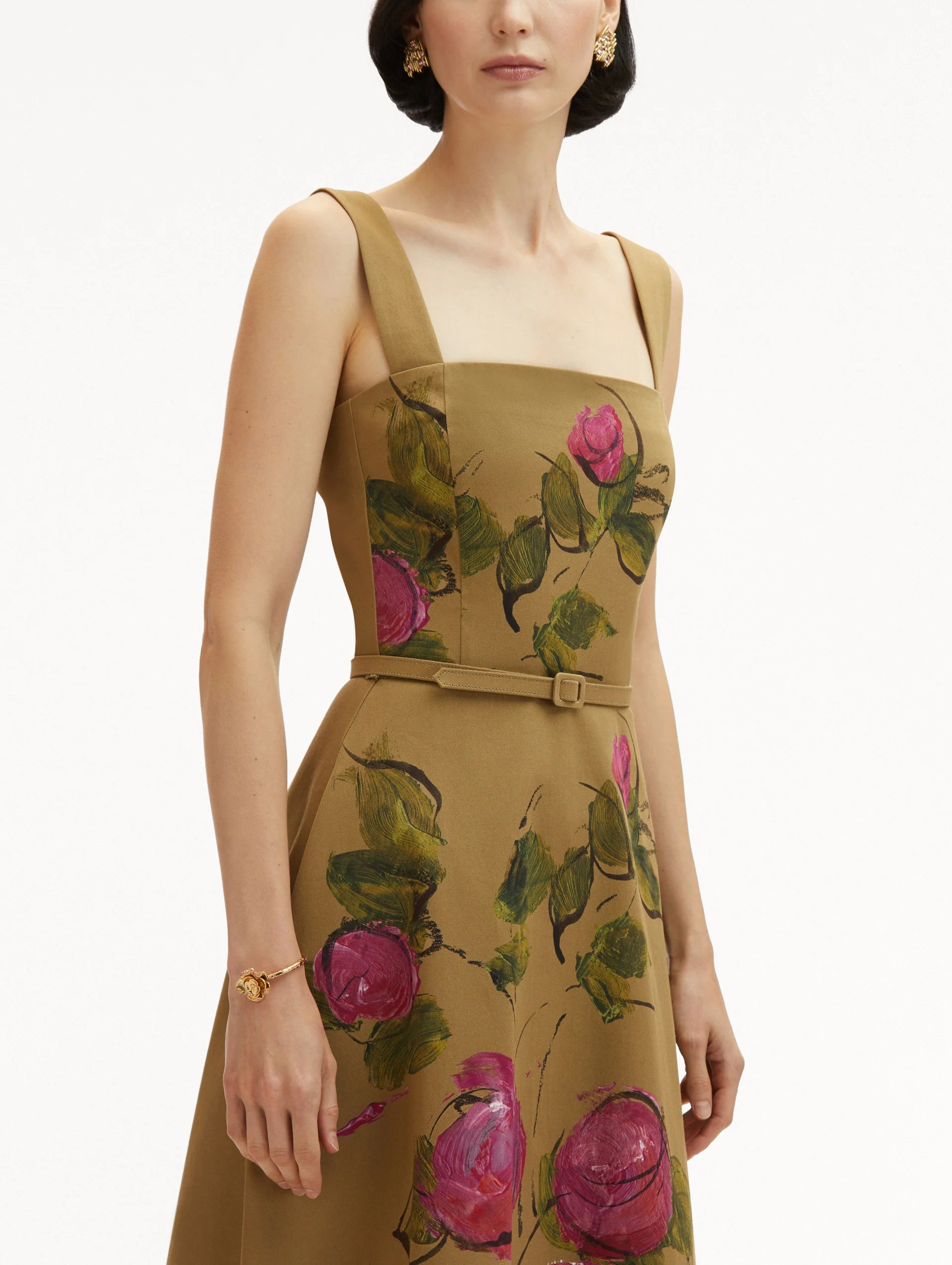 PAINTED BLOOMS COTTON TWILL MIDI DRESS