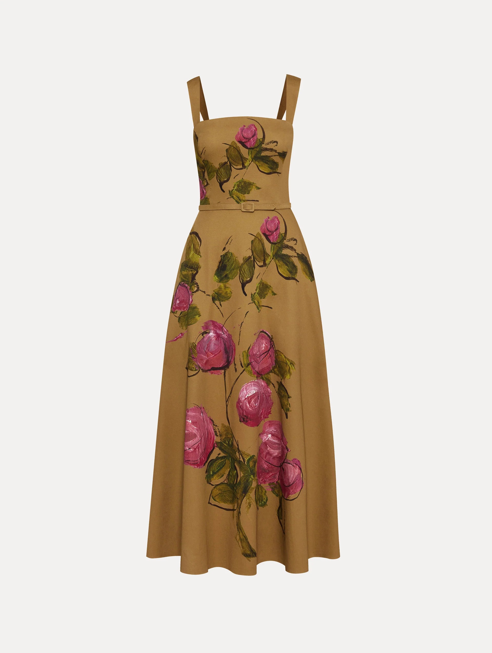 PAINTED BLOOMS COTTON TWILL MIDI DRESS