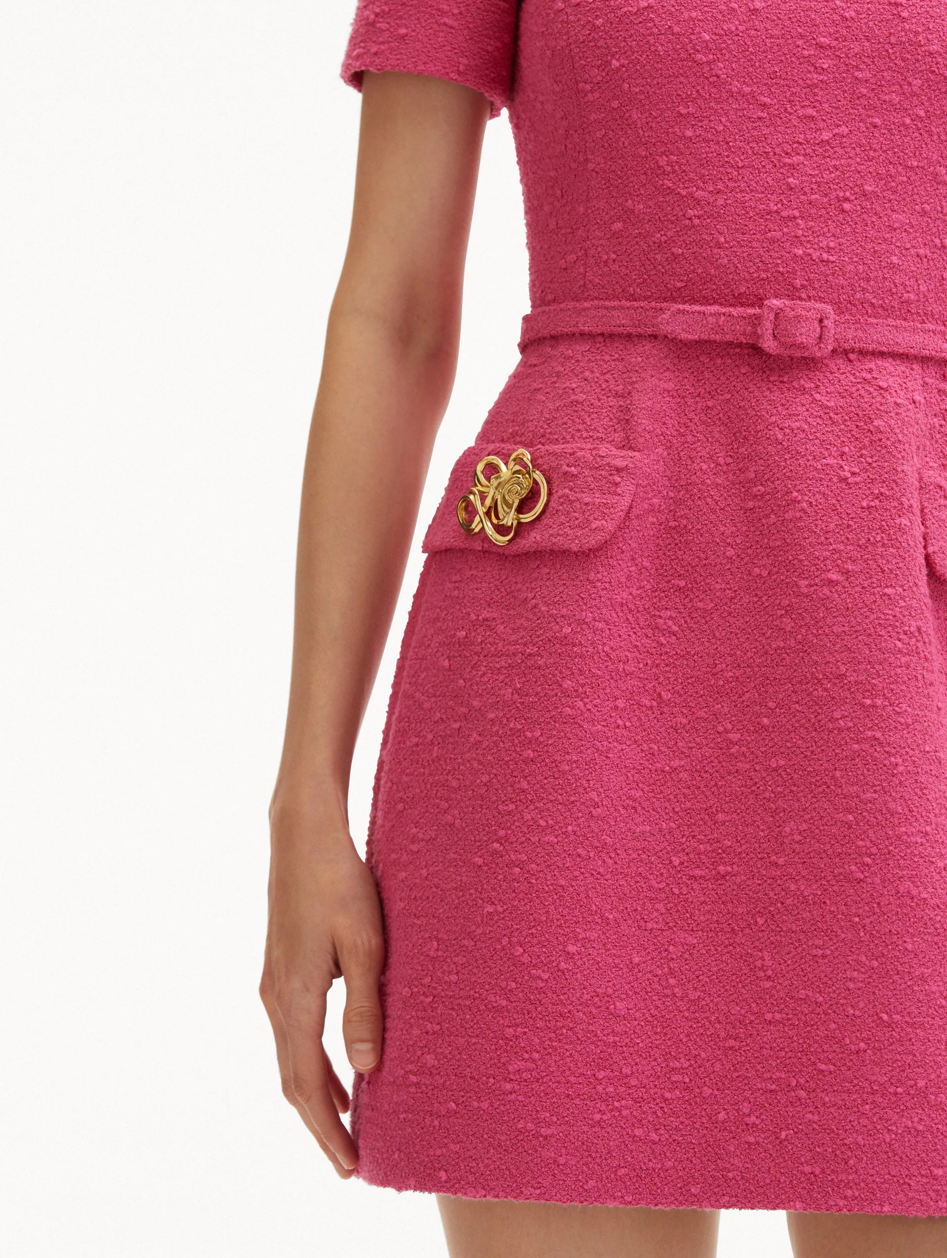 CONTOURED ROSE BUTTON TWEED MINI DRESS