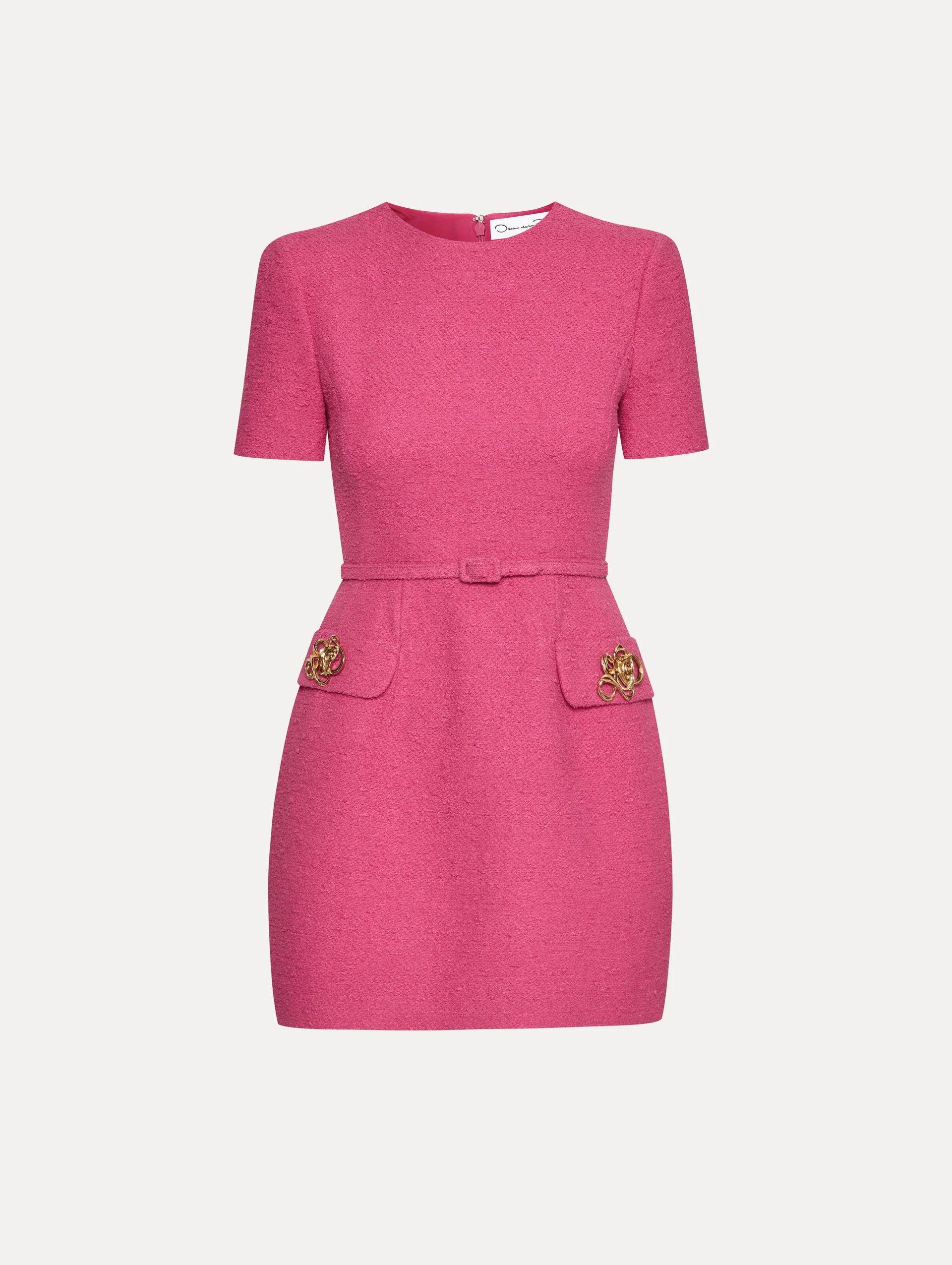 CONTOURED ROSE BUTTON TWEED MINI DRESS