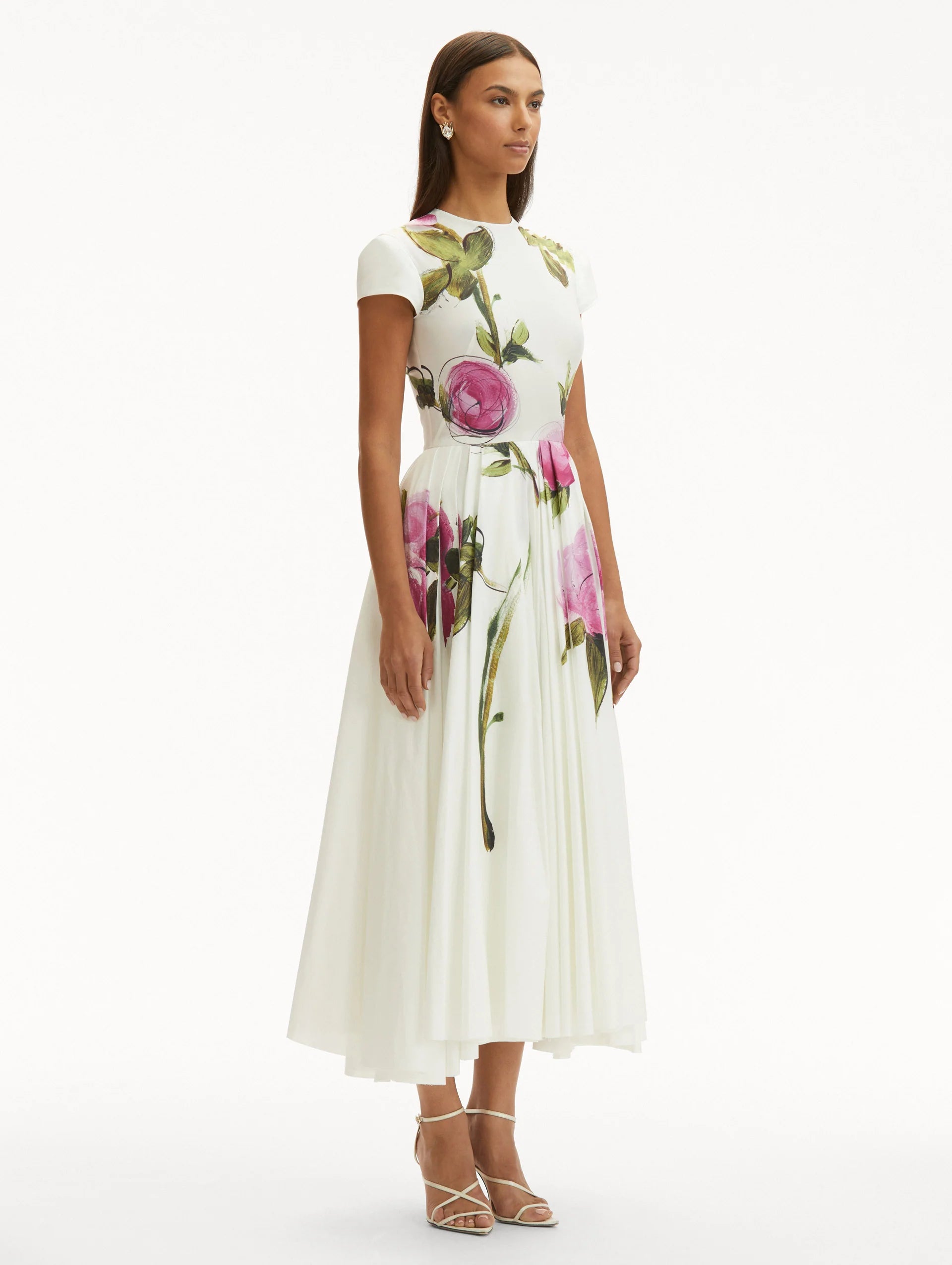 PAINTED BLOSSOMS COTTON POPLIN MIDI DRESS