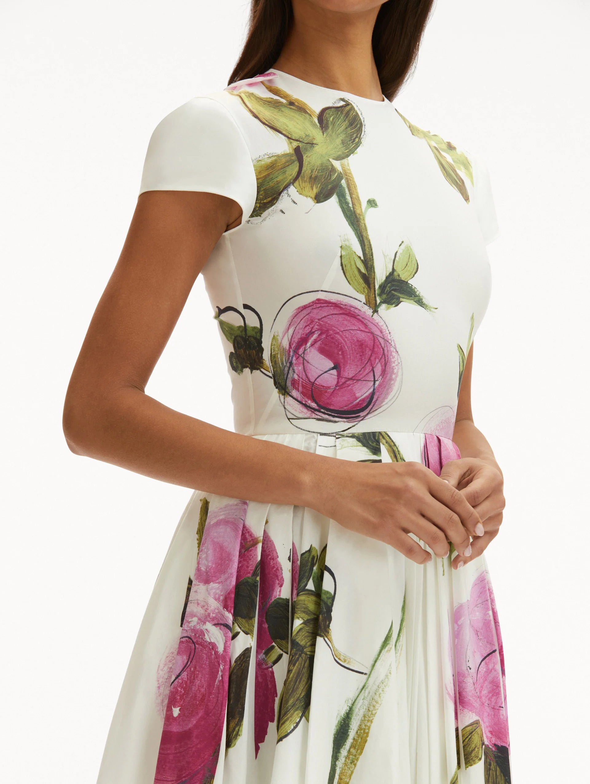 PAINTED BLOSSOMS COTTON POPLIN MIDI DRESS