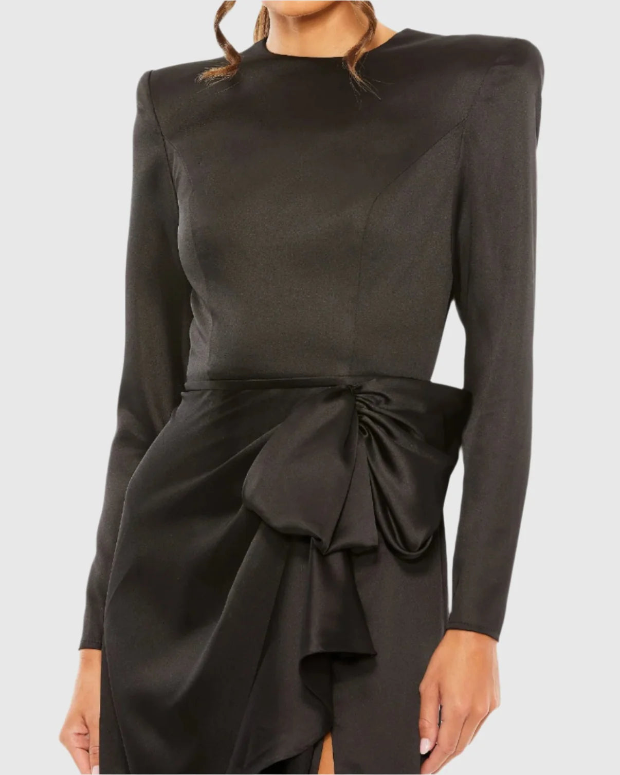 Elegant Black Long-Sleeve Ruched Gown with Structured Bow