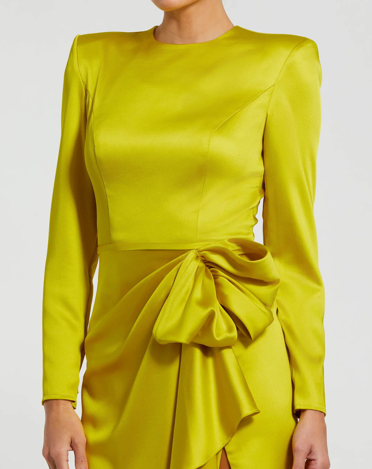 Elegant Chartreuse Long-Sleeve Ruched Gown with Structured Bow