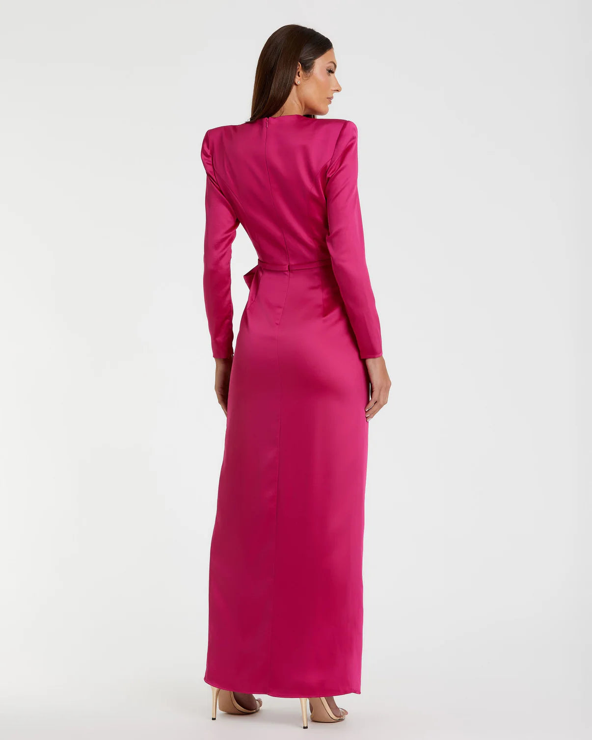 Elegant Pink Long-Sleeve Ruched Gown with Structured Bow